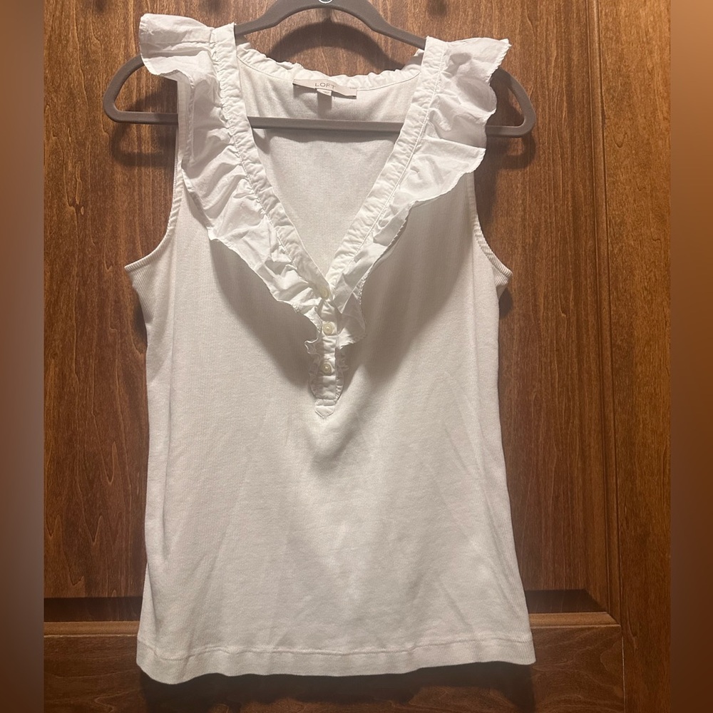 LOFT White Ruffle V-Neck Tank Top